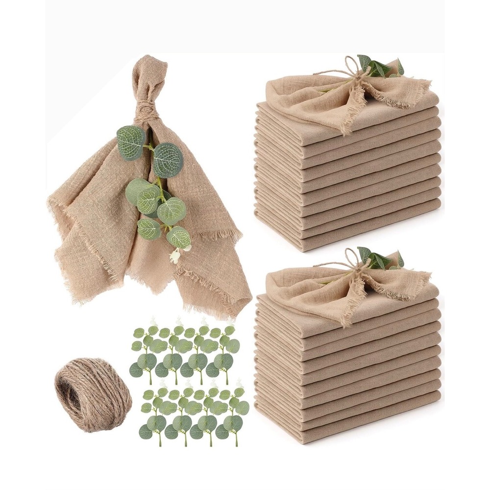 36 Set Boho Rustic Linen Napkins Bulk with Fringe 17x17 Brown Eucalyptus Jute